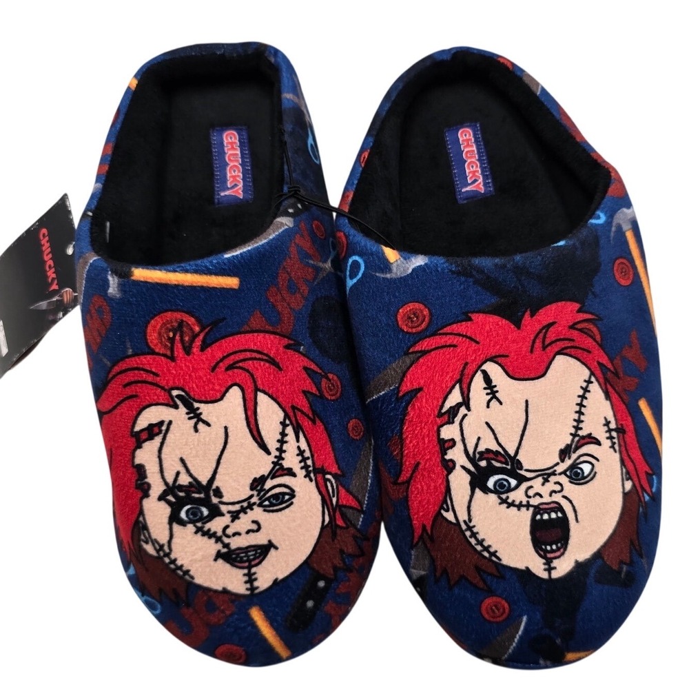 Chucky Childs Play Horror Movie Kids Scuff Slippers Blue Size 9/10 NWT